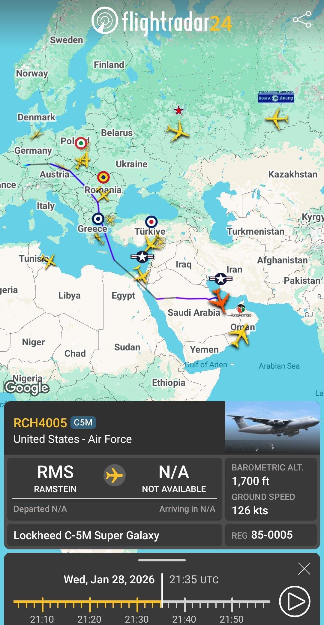 🔻F24数据显示：美国空军一架 C-17A 和一架 C-5M 运输机已分别在约