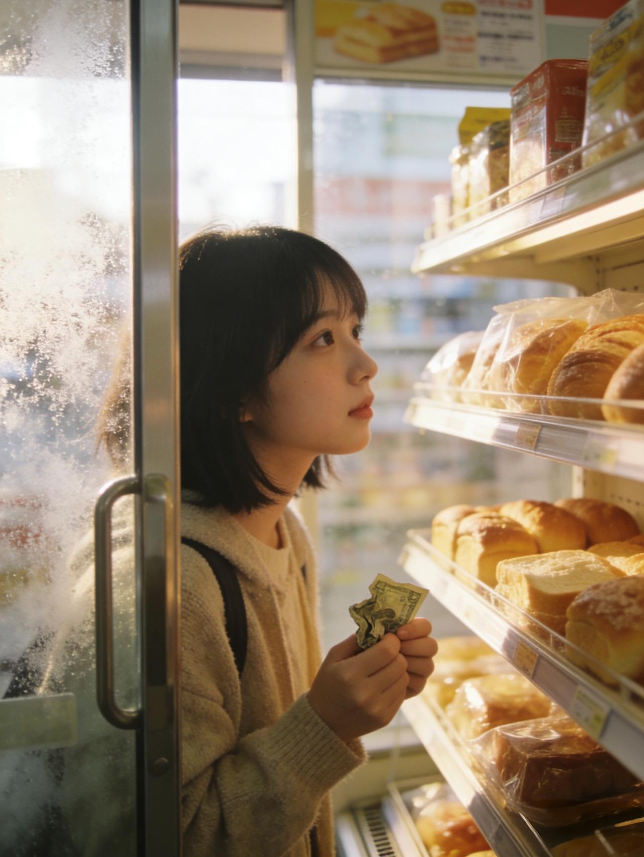 暖光（微小说）
 
清晨的便利店，玻璃门上沾着薄薄的雾。女孩攥着皱巴巴的零钱，站