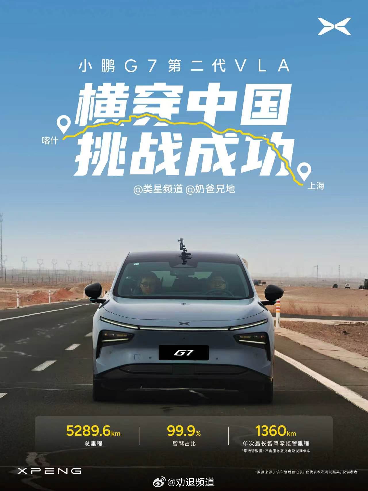 两位媒体老师开着小鹏G7的第二代VLA智驾横穿中国，直接从喀什干到了上海。全程五