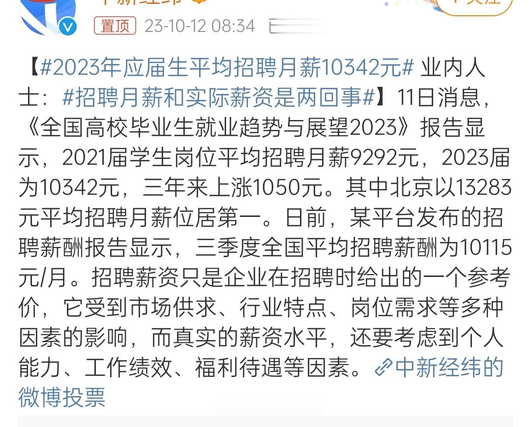 【#2023年应届生平均招聘月薪10342元#】啥都一平均数据多美丽！ ​​​