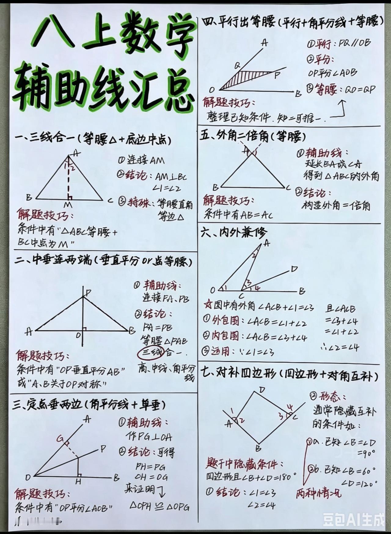 八年级数学想要学好，辅助线是核心突破口。这份八上辅助线笔记，把常考模型整理得清清