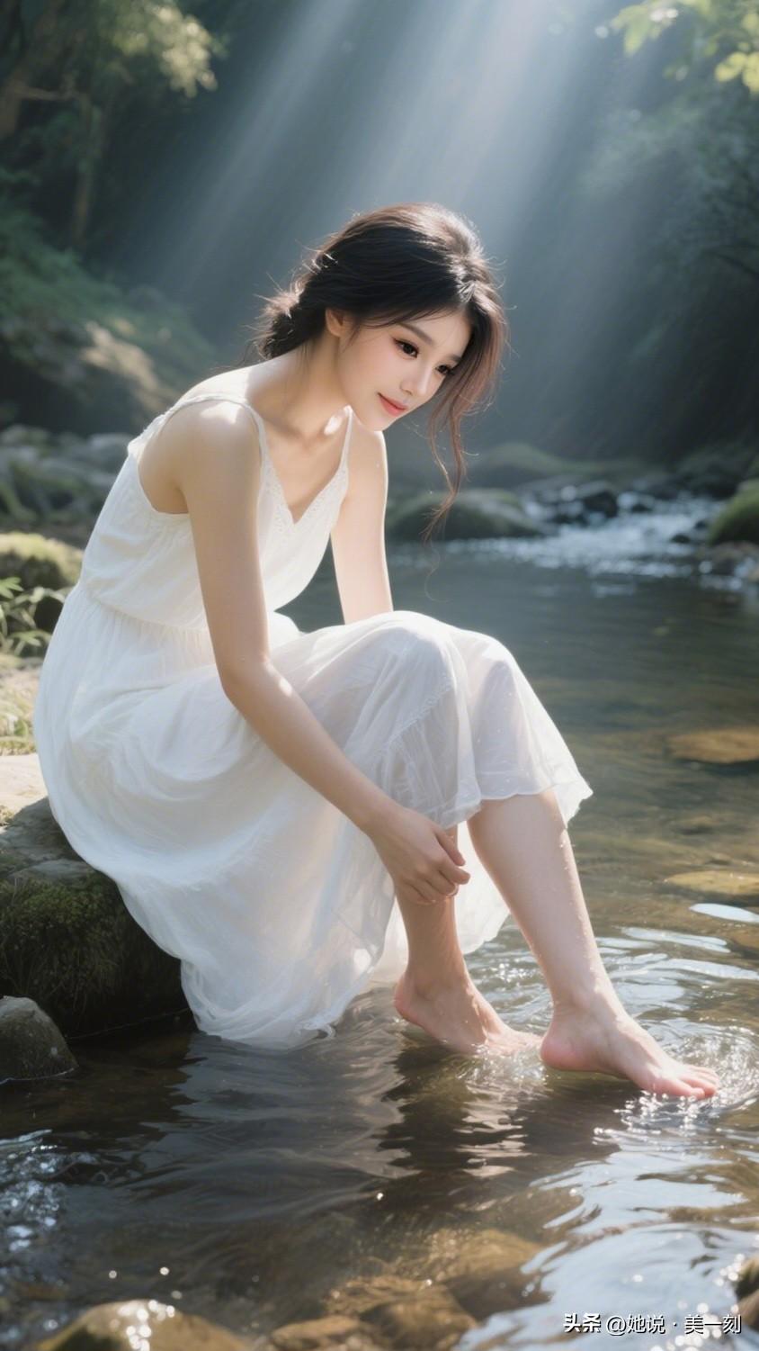 在溪边轻抚脚丫，感受大自然的温柔拥抱。🌿💦🌸