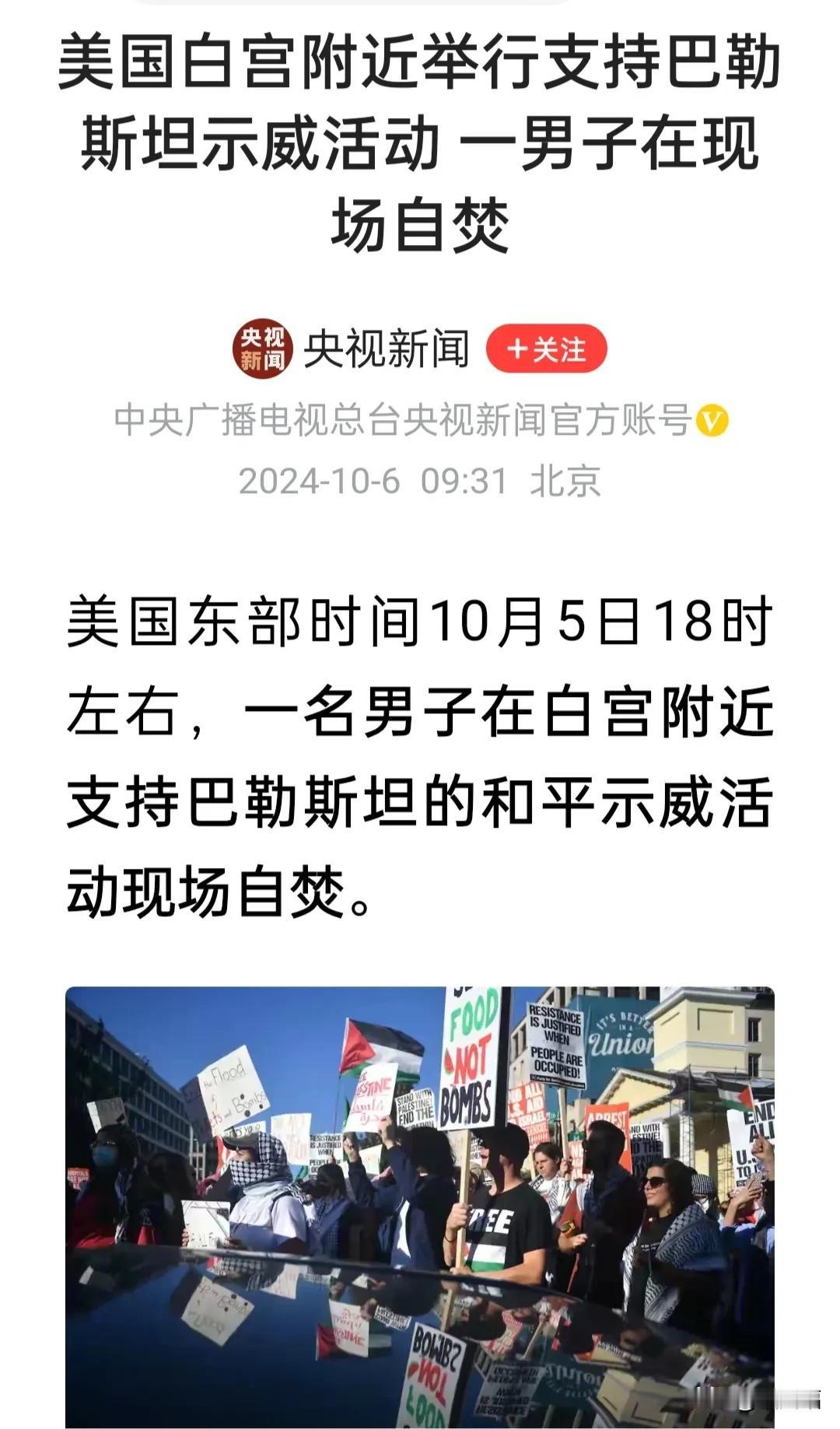 最近五则消息:
其一:美国白宫附近举行的支持巴勒斯坦示威活动约1000人员中一男