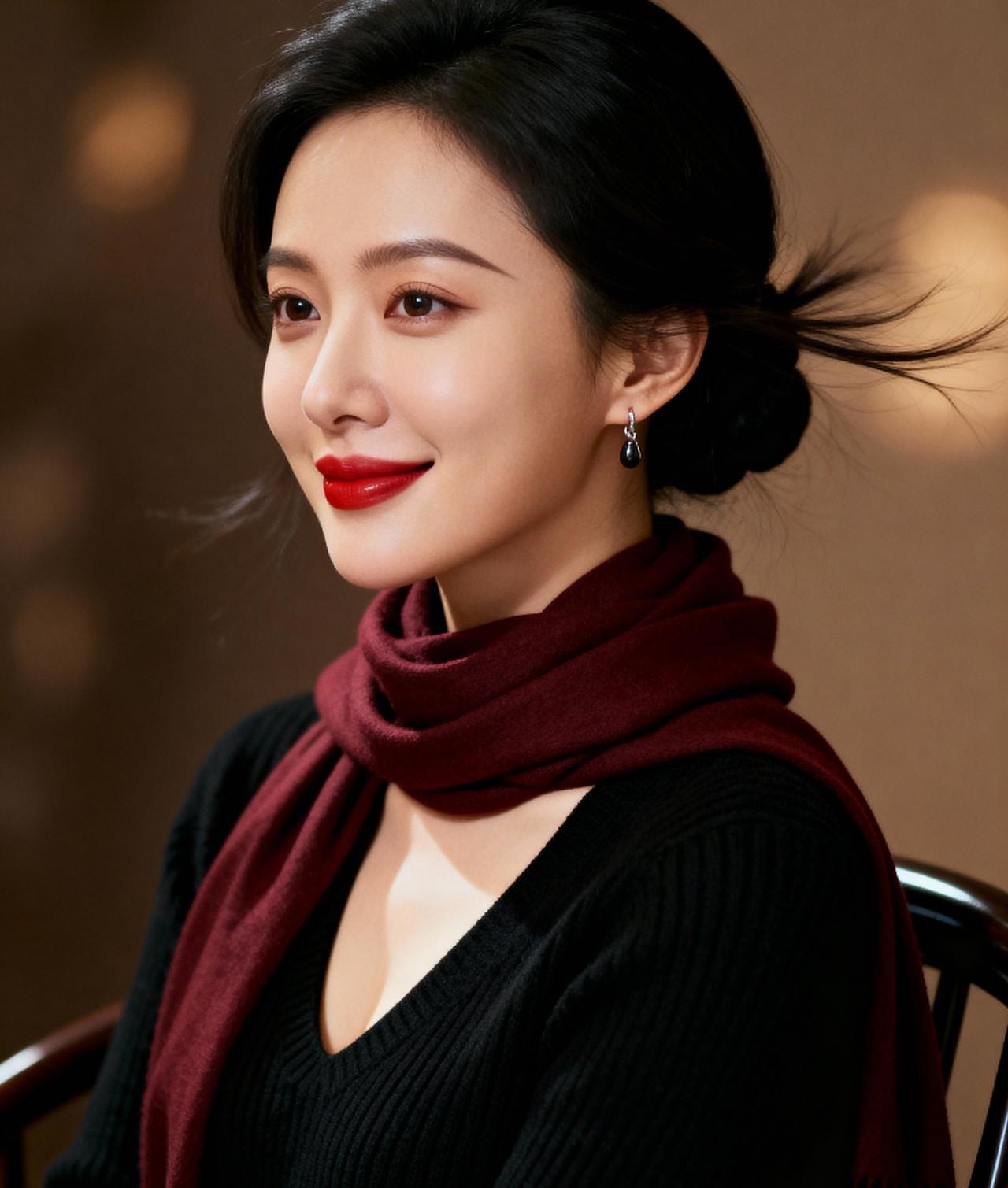 上联：黑衫裹颈围绛帔
下联：云髻扶风曳墨珰