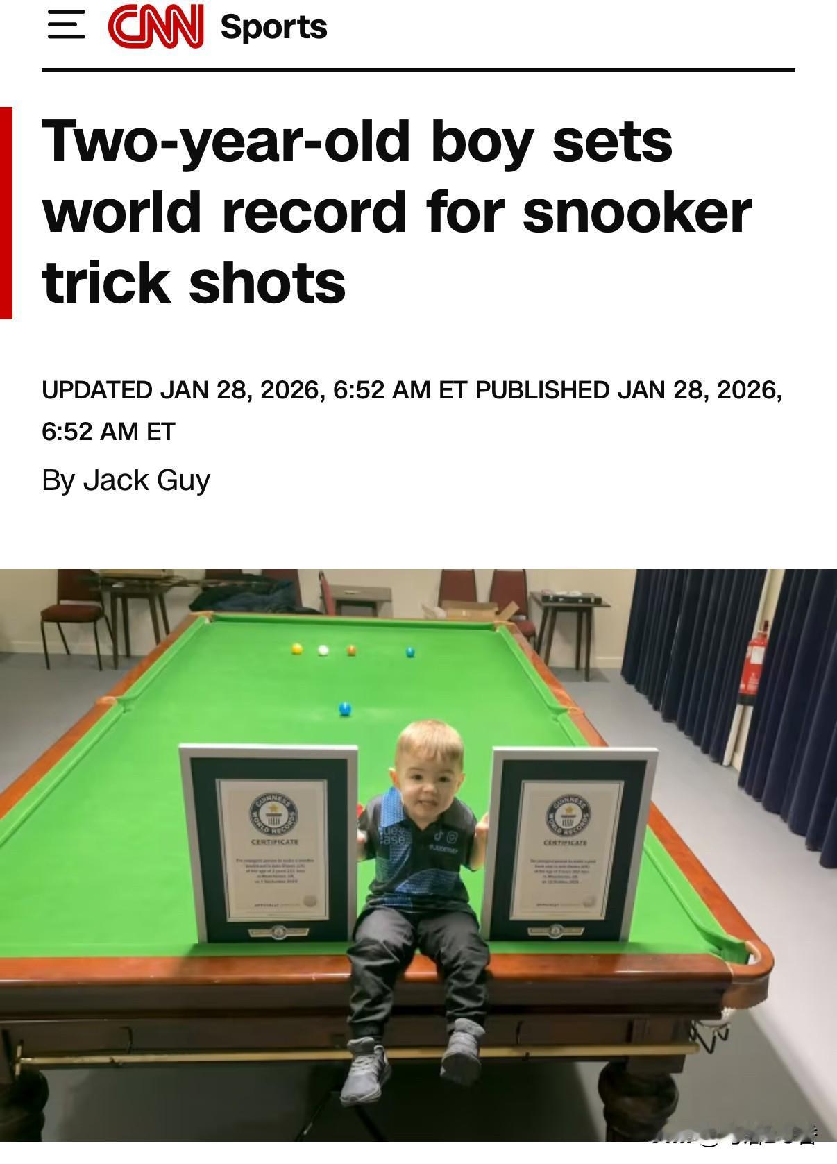 这就是大家说的天才吧。一位来自英国曼彻斯特的二岁零三百零二天的男孩，创造了斯诺克