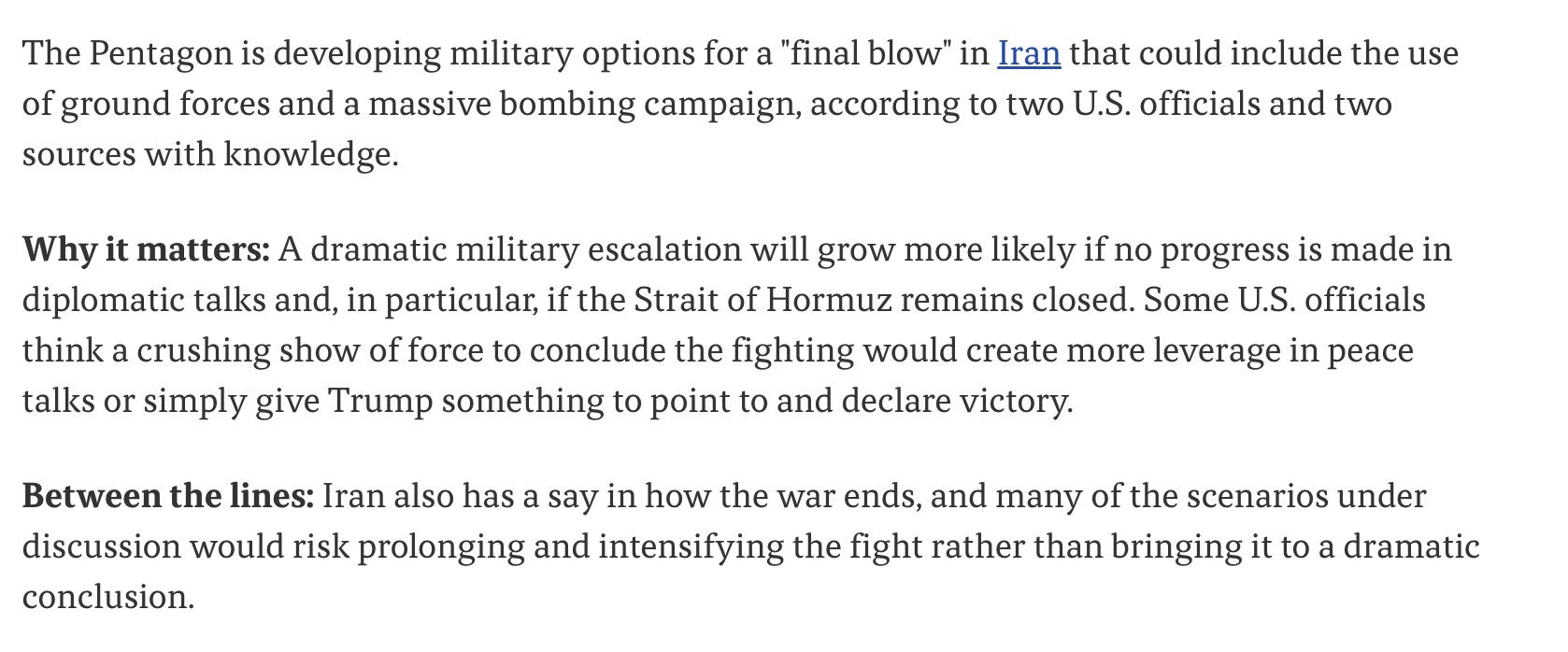 🔻Axios报道，根据可靠美军高层内部透露，特朗普指示美军准备发起对伊朗的“最