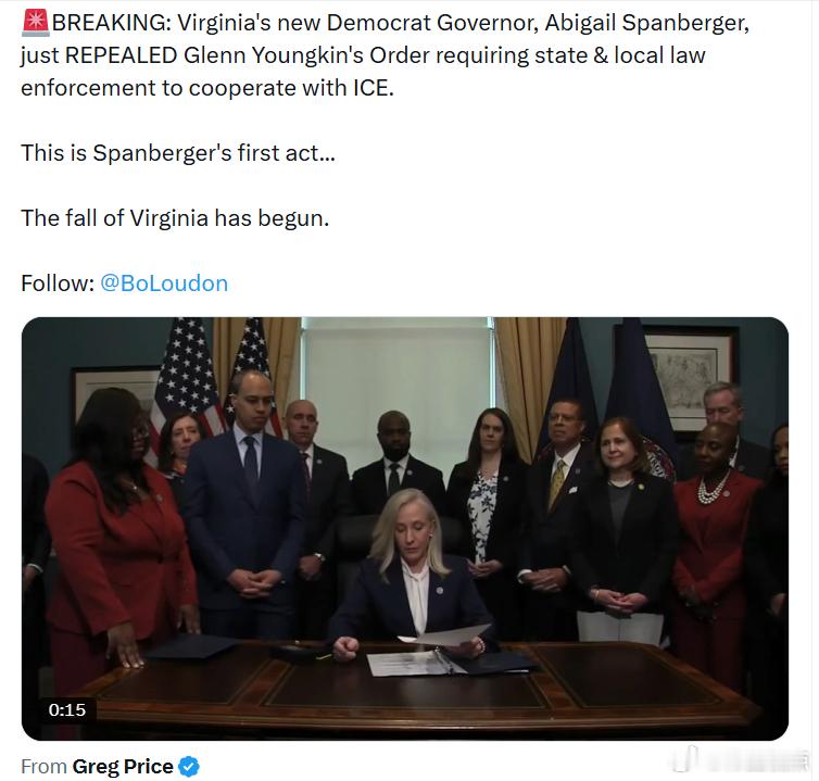 弗吉尼亚州的新任民左党州长阿比盖尔·史潘伯格刚刚撤销了前州长格伦·杨金那项要求州