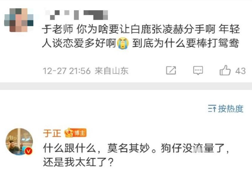 有网友在于正评论区问于正：“于老师，你为啥要让白鹿张林鹤分手啊？年轻人谈恋爱多好
