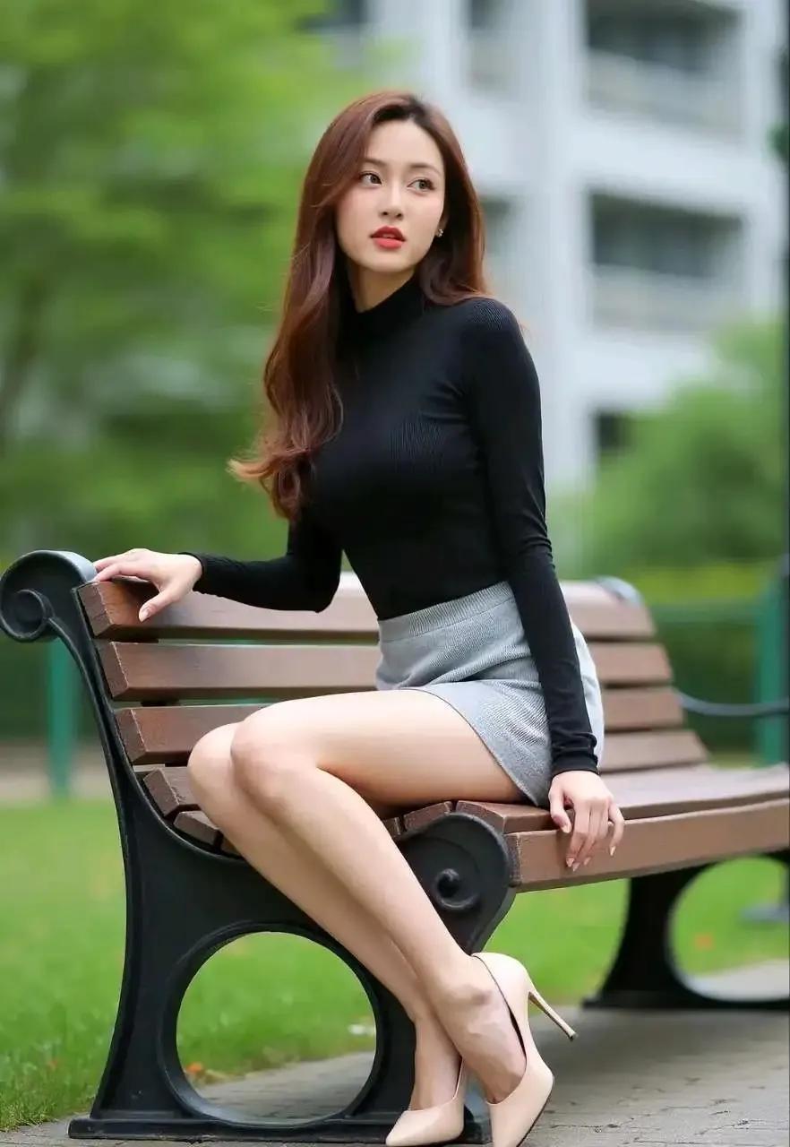 看，那位温婉佳人悠然倚坐于公园长椅，气韵宛若幽兰绽放，刹那间，她的身影成为周遭景