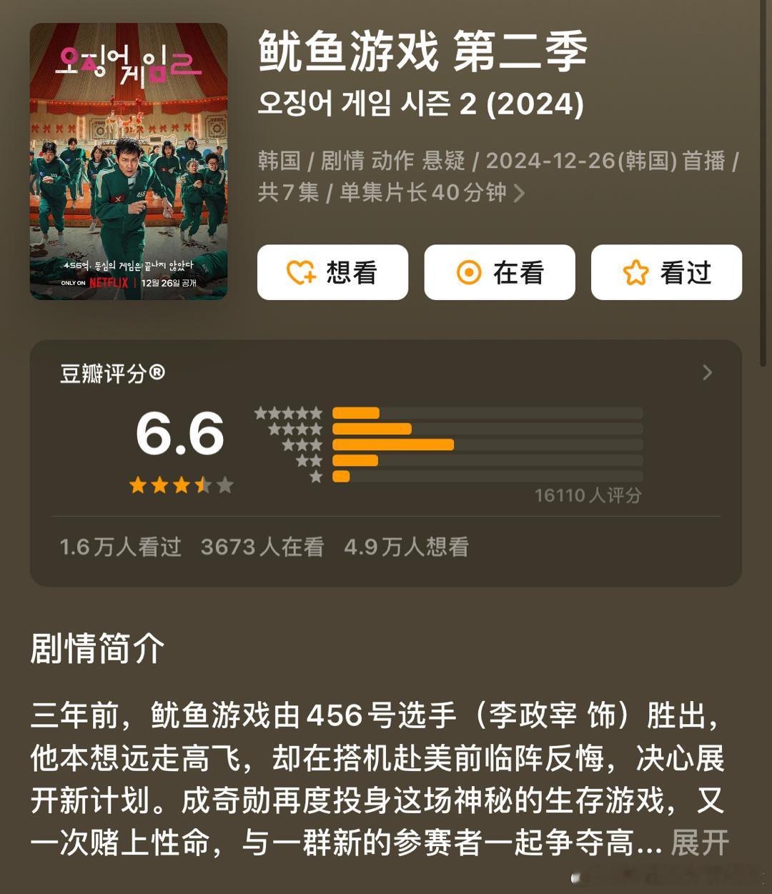 鱿鱼游戏第二季豆瓣开分6.6，你觉得这个分高了还是低了[并不简单] 