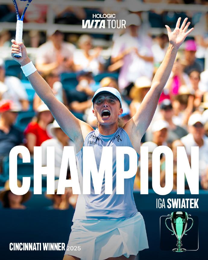 网球：辛辛那提斯瓦泰克首夺冠军
北京时间8月19日凌晨WTA1000辛辛那提站女