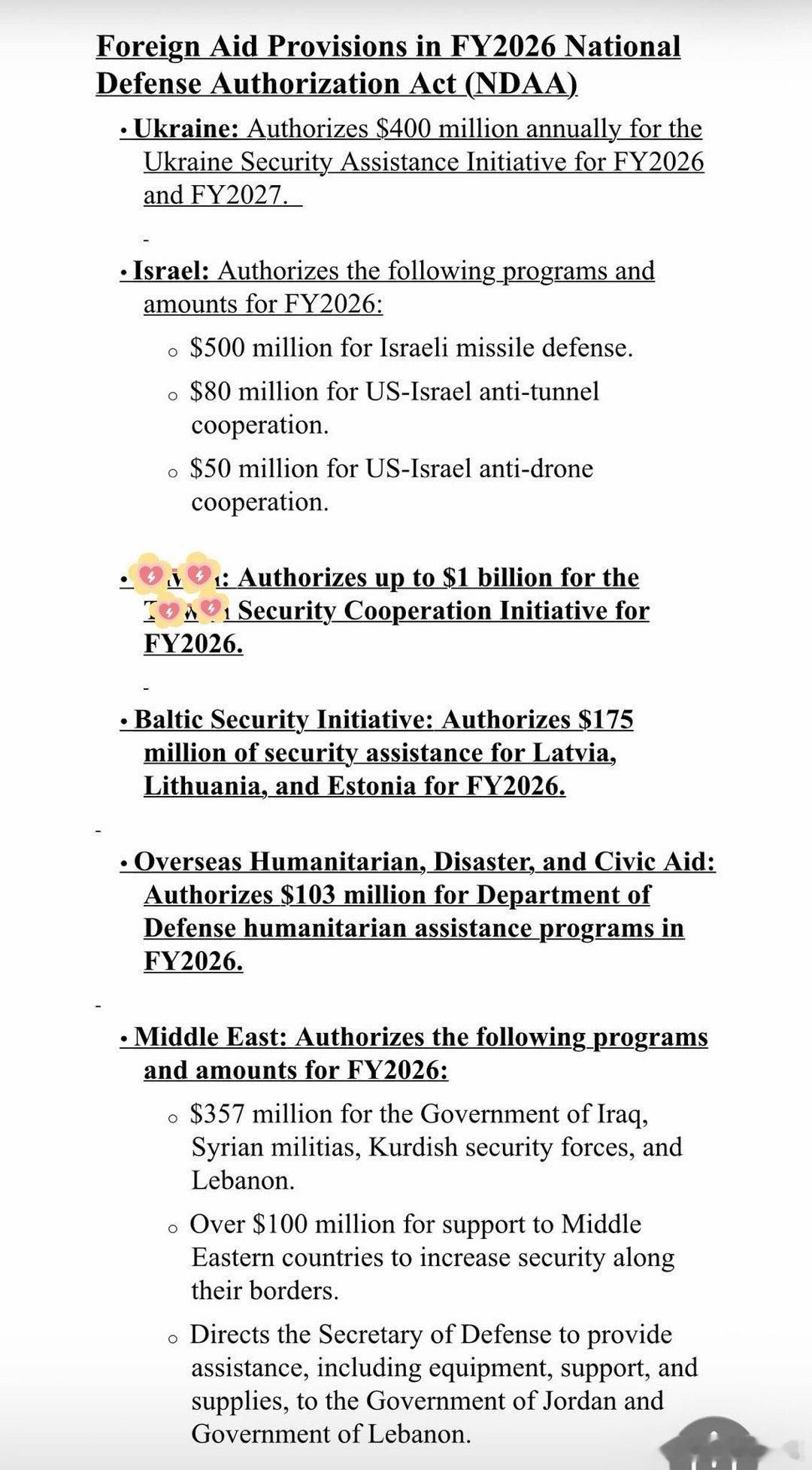 众议院国防授权法案，昨天公布文本，本周将投票其中关于“外援”的内容：2026、2