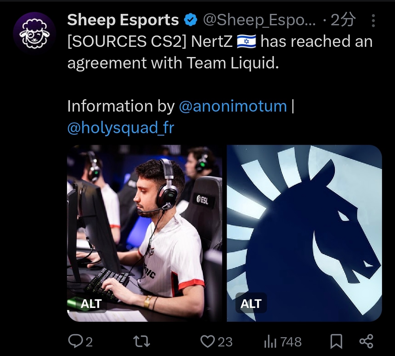 Sheep Esports爆料Nertz与Liquid已达成协议。Twistzz