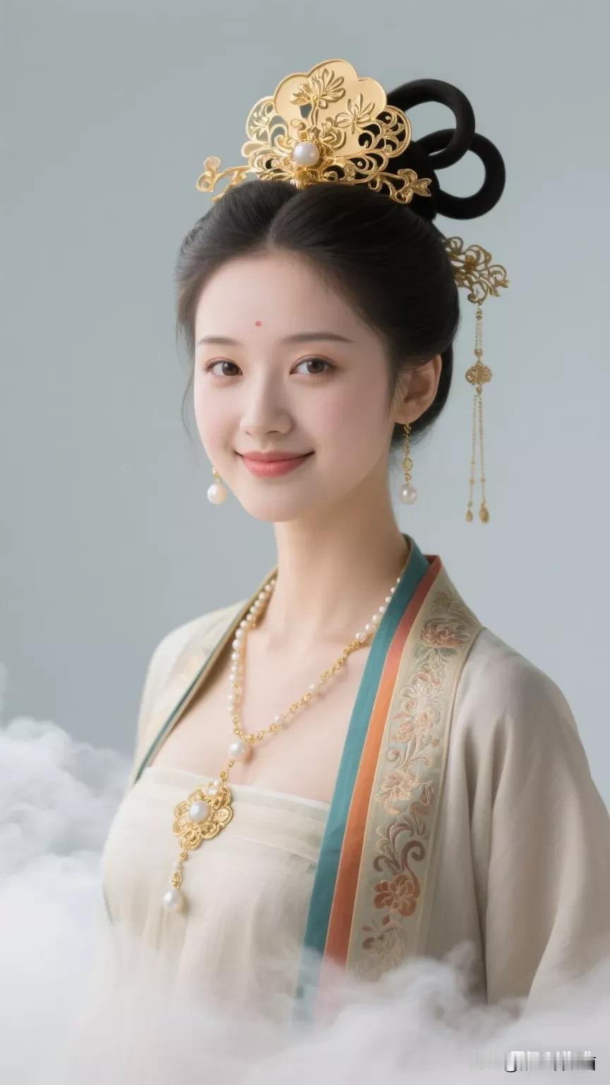 古典美人，古风发饰，优雅气质，云雾缭绕，韵味十足。张立启原创书画AI作品古仕女发