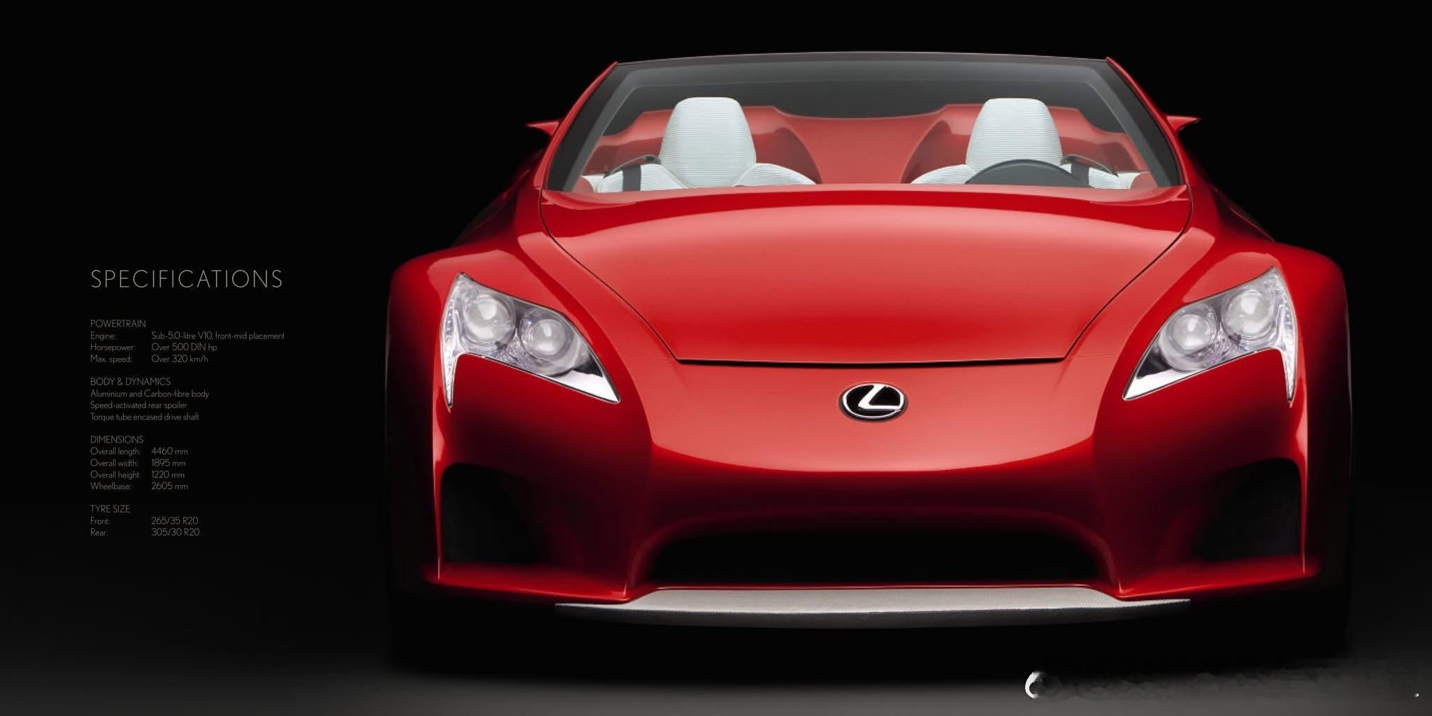 2008年1月雷克萨斯LF-A Roadster敞篷概念版诞生，V10+碳纤维+
