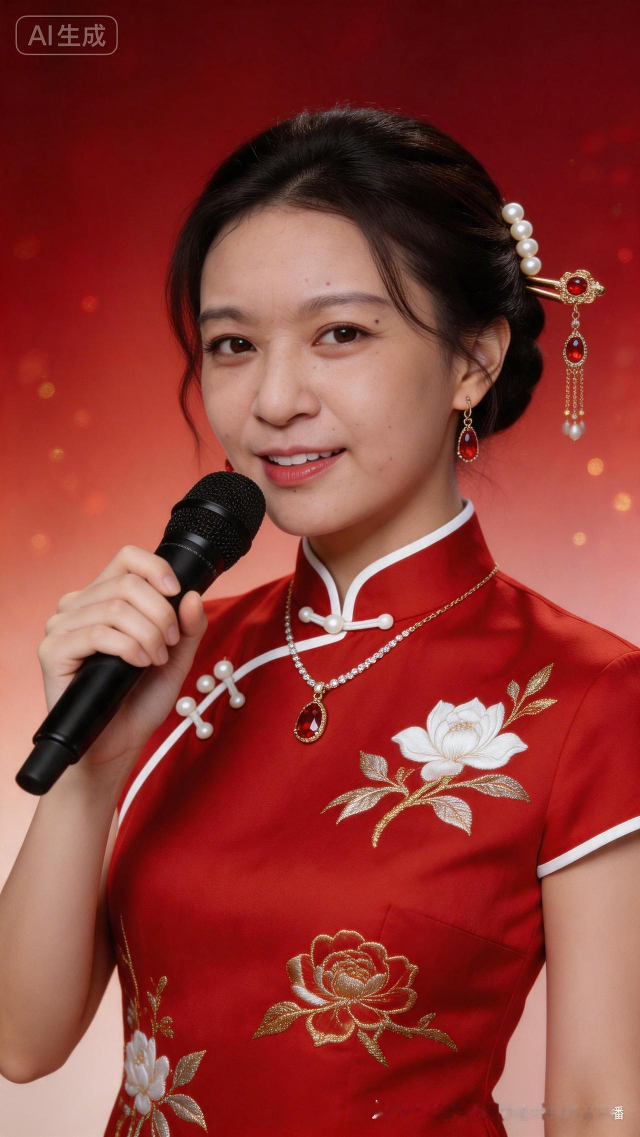 红衣美人手持麦克风，传统与现代的完美结合！