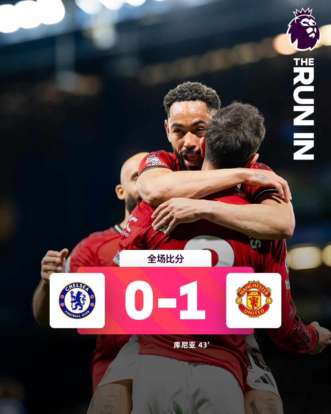 全场比分 | 切尔西 0-1 曼联

⚽第43分钟，B费右路突破下底倒三角传中，