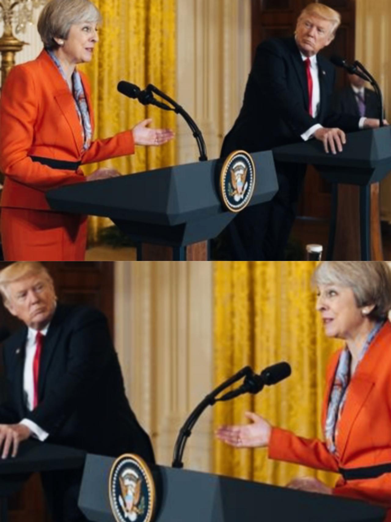 特雷莎梅和特朗普各自的表情是什么意思呢？
特雷莎梅像是在瞪着眼讲话啊！这是想表达