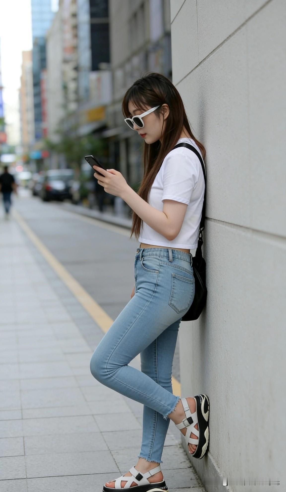 都市少女风，白色T恤+牛仔裤，轻松自在！👗👠📱