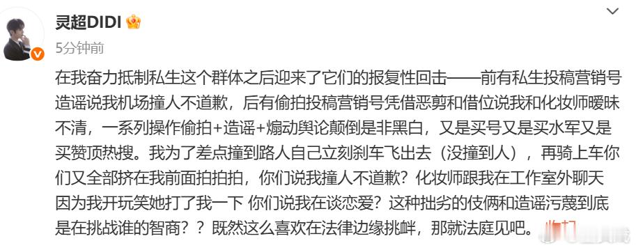 灵超发文抵制私生灵超说私生法庭见 ​​​​在我奋力抵制私生这个群体之后迎来了它们