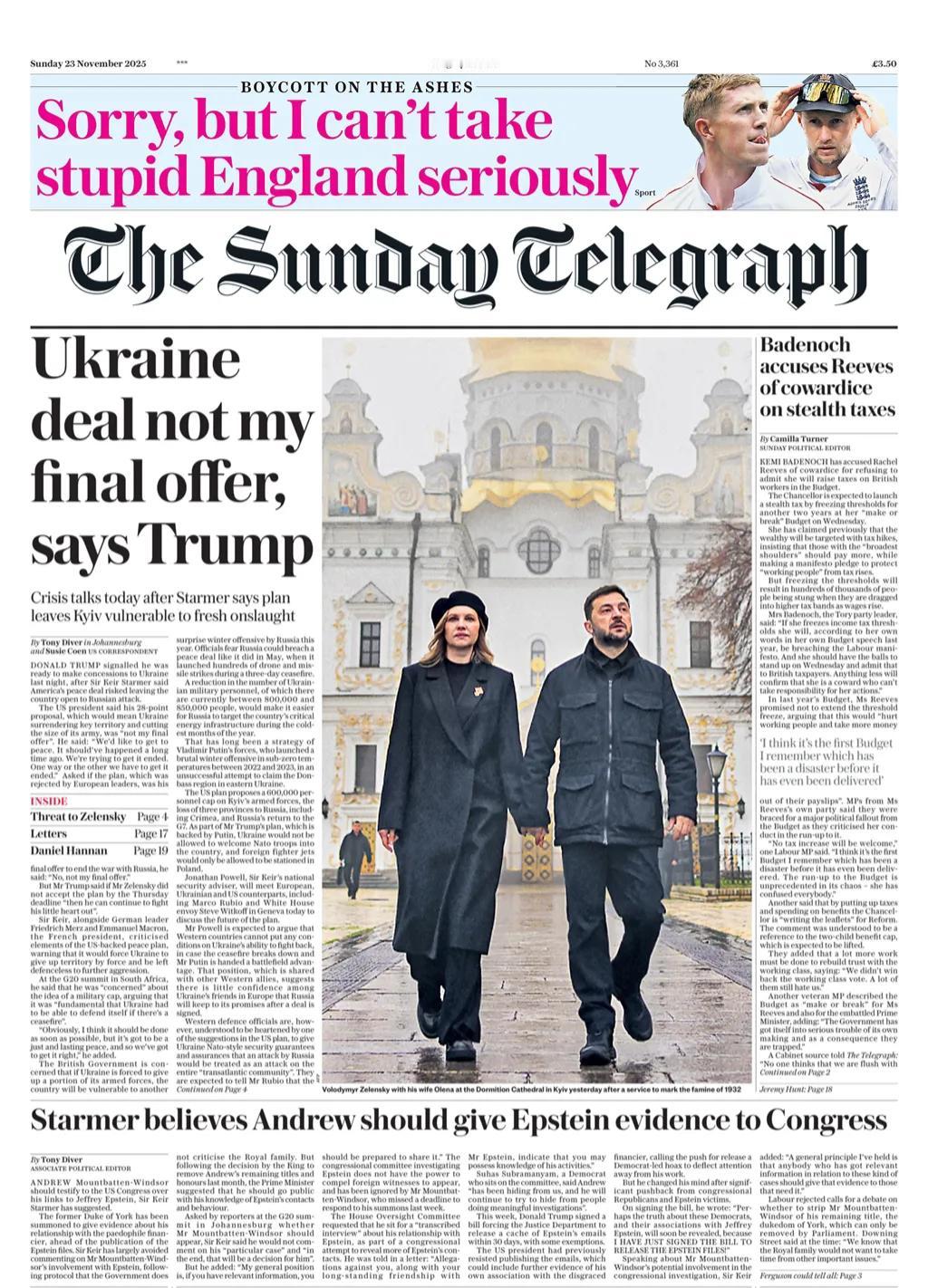 《星期日电讯报》以美国总统唐纳德·特朗普提出的乌克兰和平协议危机谈判为头条。
报