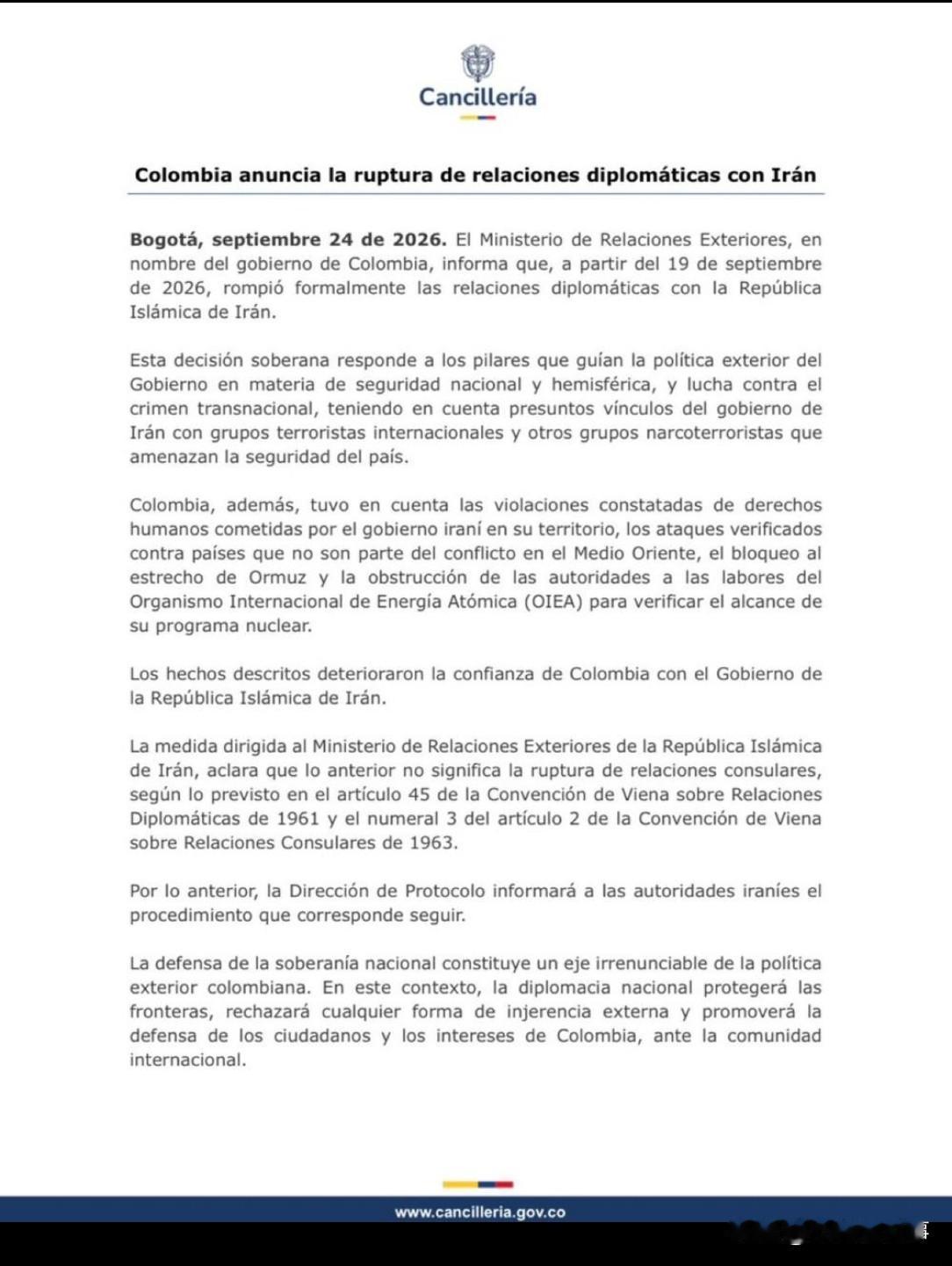 当地时间9月24日，哥伦比亚正式宣布与伊朗断绝外交关系。

值得注意的是，当下的