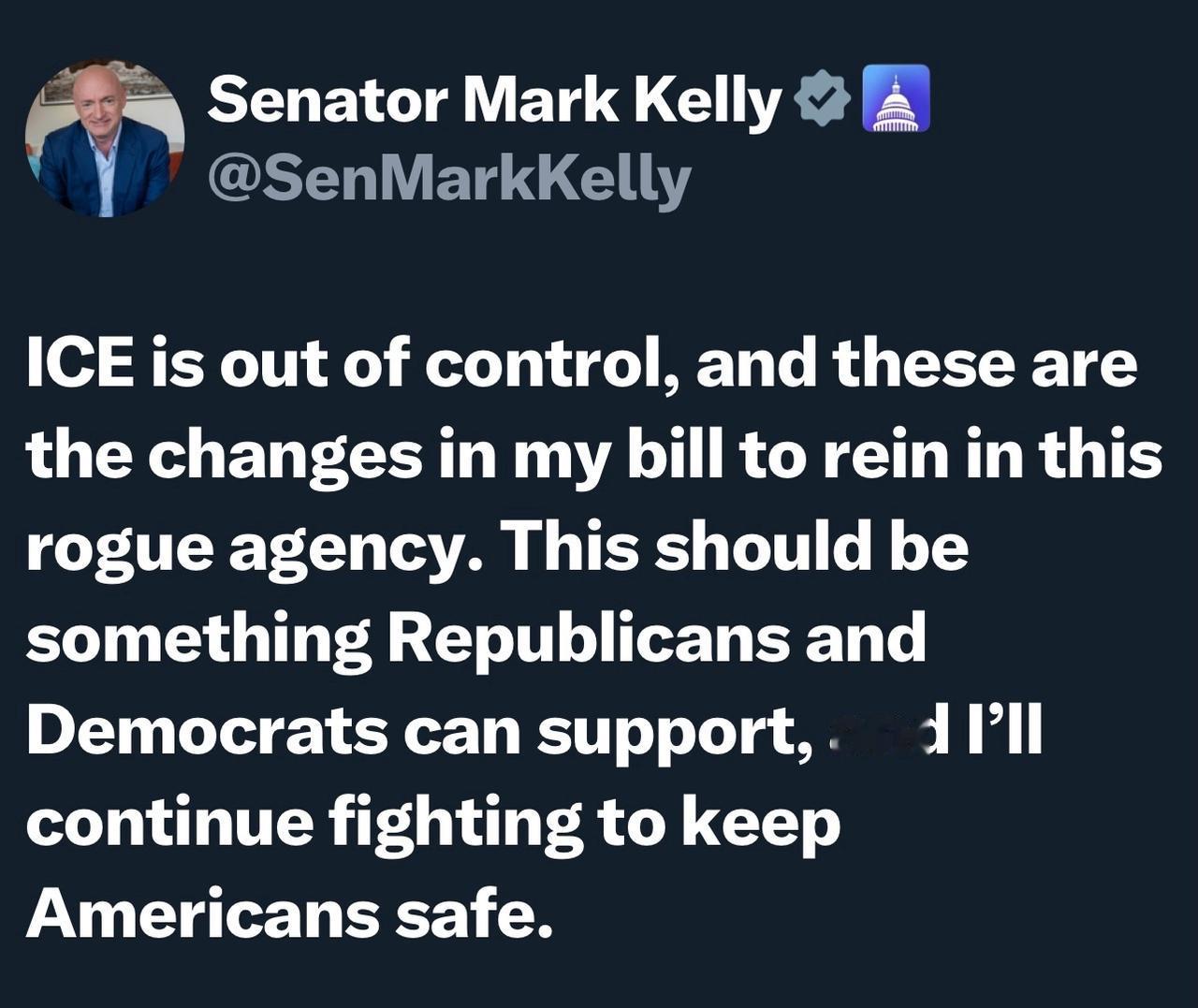 美国国会参议员马克凯利（亚利桑那州）：

“美国移民及海关执法局（ICE）已经失