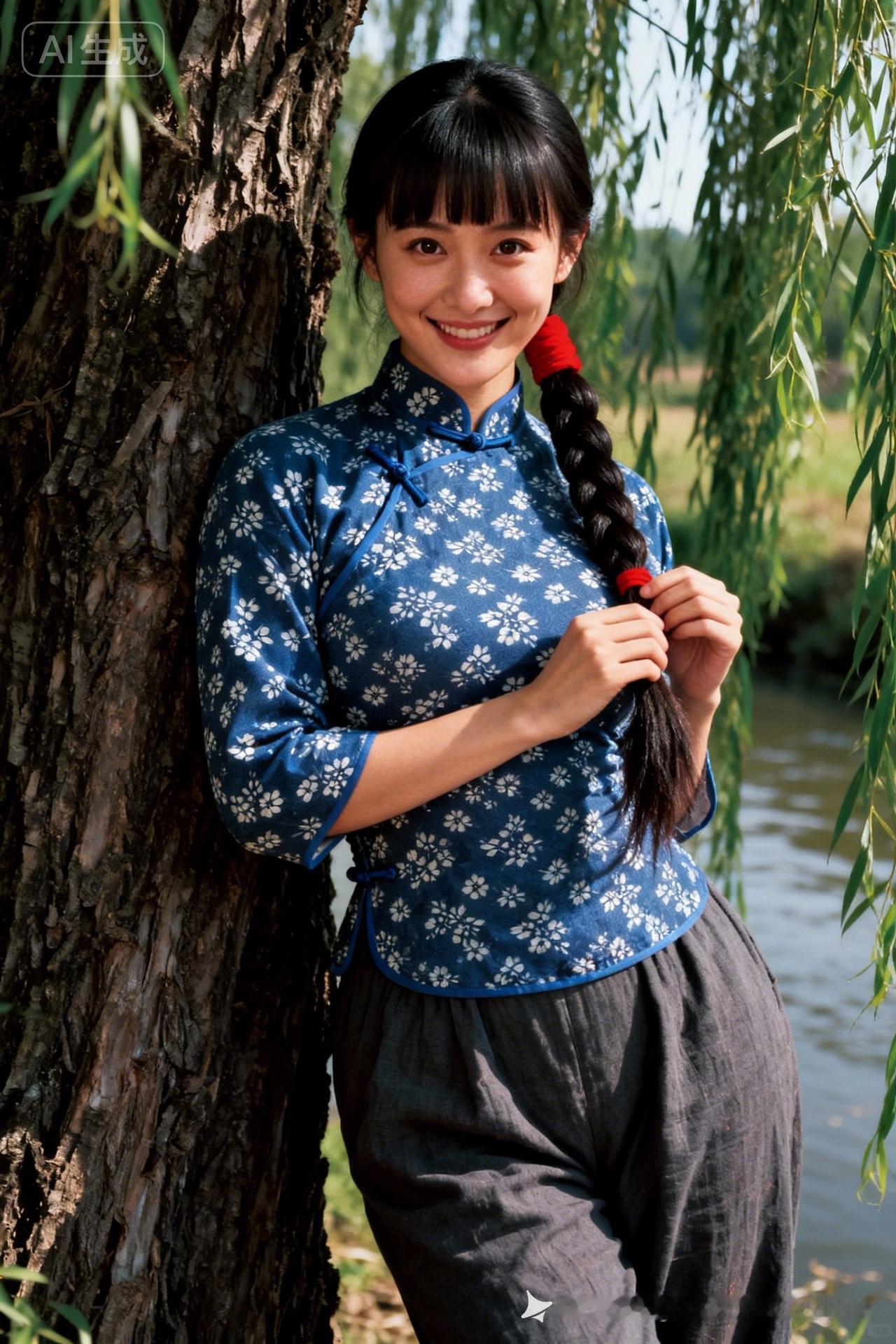 在柳树旁，穿着蓝色花衣，微笑如花🌸