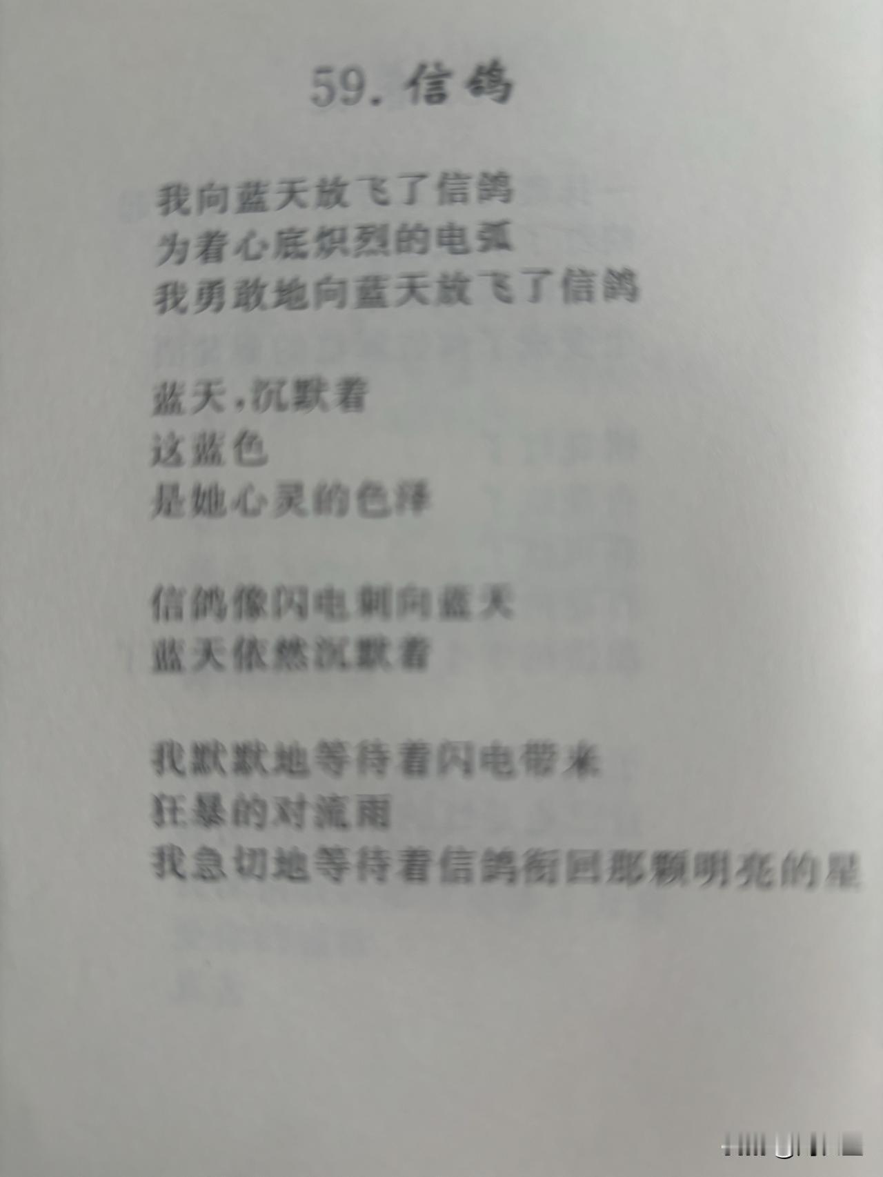 59. 信鸽

我向蓝天放飞了信鸽
为着心底炽烈的电弧
我勇敢地向蓝天放飞了信鸽