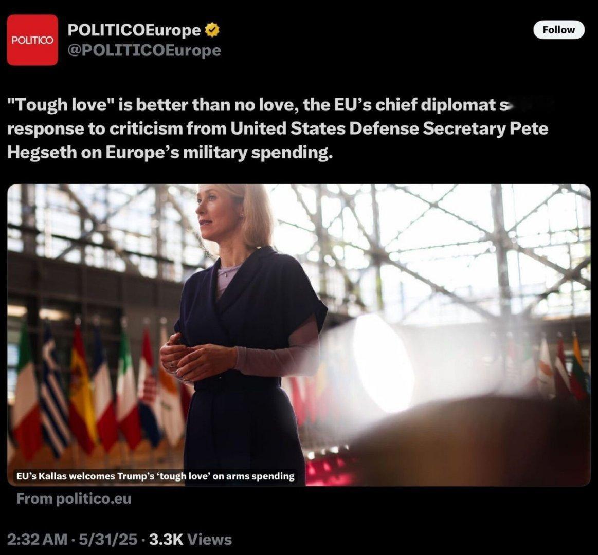 欧盟外交事务负责人在回应美国国防部长皮特．赫格塞特对欧洲军费开支的批评时表示，