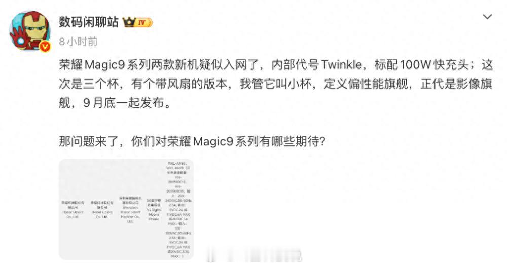 看数码博主的爆料，荣耀Magic9系列已经有机型入网，内部代号Twinkle，全