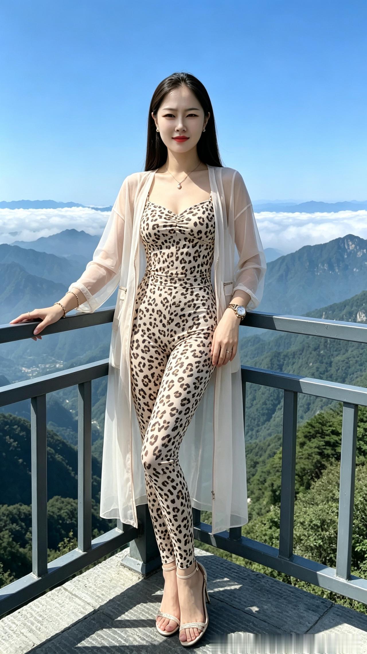 山巅倩影
 
一袭轻纱衬玉颜，临风倚槛对云山。
青丝垂落随风软，配饰流光映碧天。
