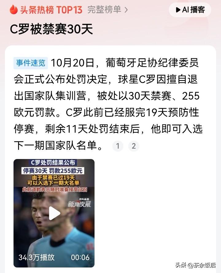 C罗终于收到了，姗姗来迟的处罚！
C罗之前擅自离开集训营，违反葡萄牙队内纪律，其