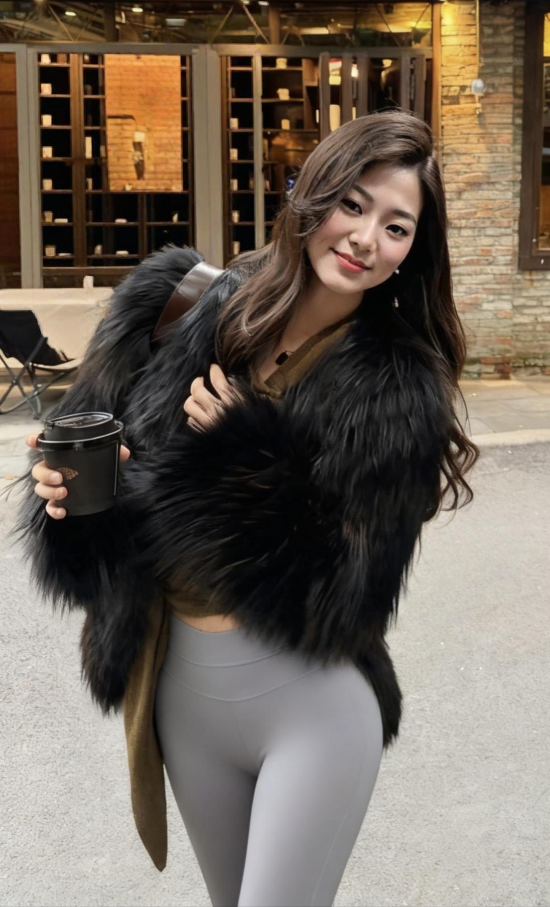 冬日穿搭指南：毛茸茸外套紧身浅灰色鲨鱼裤+咖啡，温暖又时尚！🌟☕️🧥