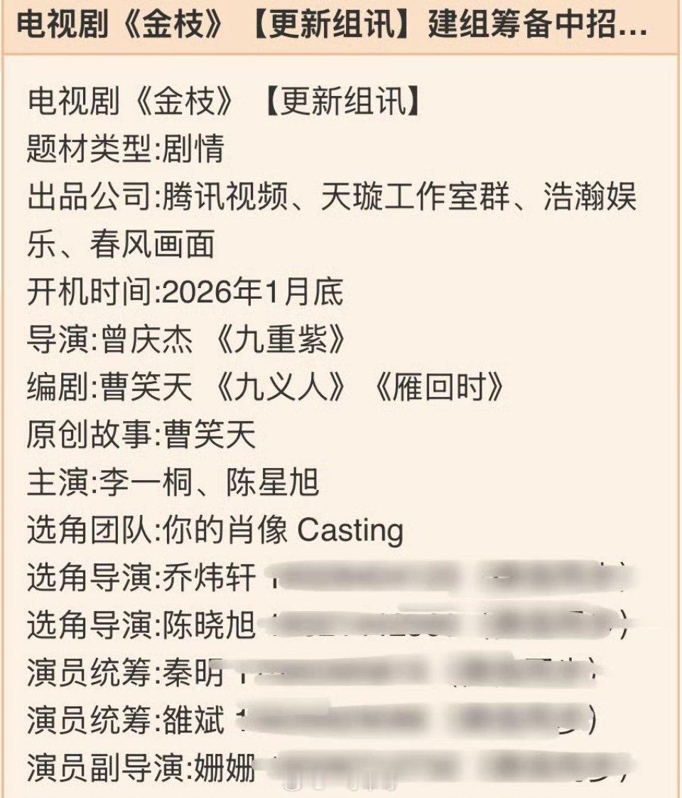 李一桐 陈星旭《金枝》组讯2026年1月底开机导演:曾庆杰 《九重紫》编剧:曹笑