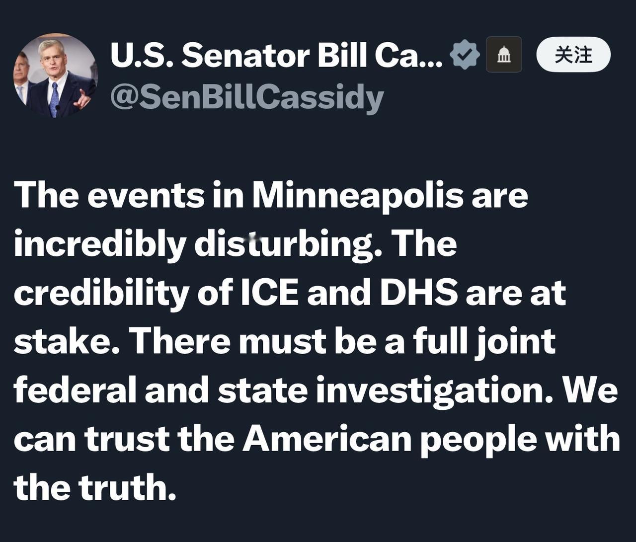 美国首位呼吁“联邦和州政府进行全面联合调查”的共和党参议员。（此前，特朗普政府阻