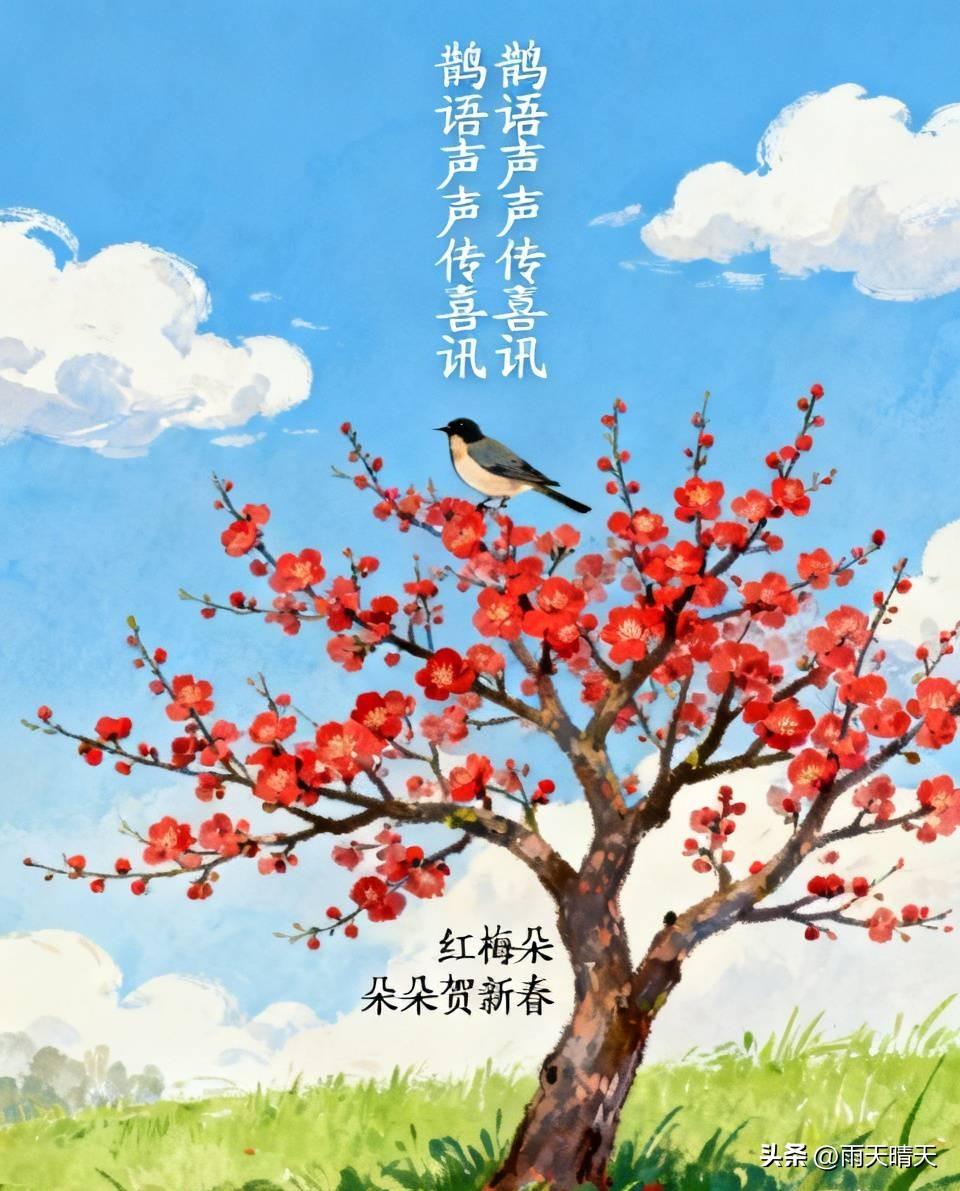 上联：鹊语声声传喜讯

下联：红梅朵朵贺新春