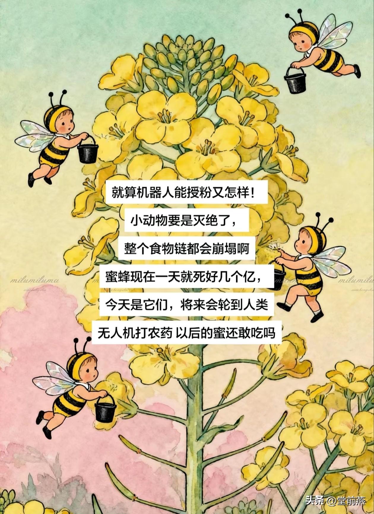 就算做出来机器人能授粉又怎样!蜜蜂要是都灭绝了，整个食物链都会崩塌啊？

蜜蜂现