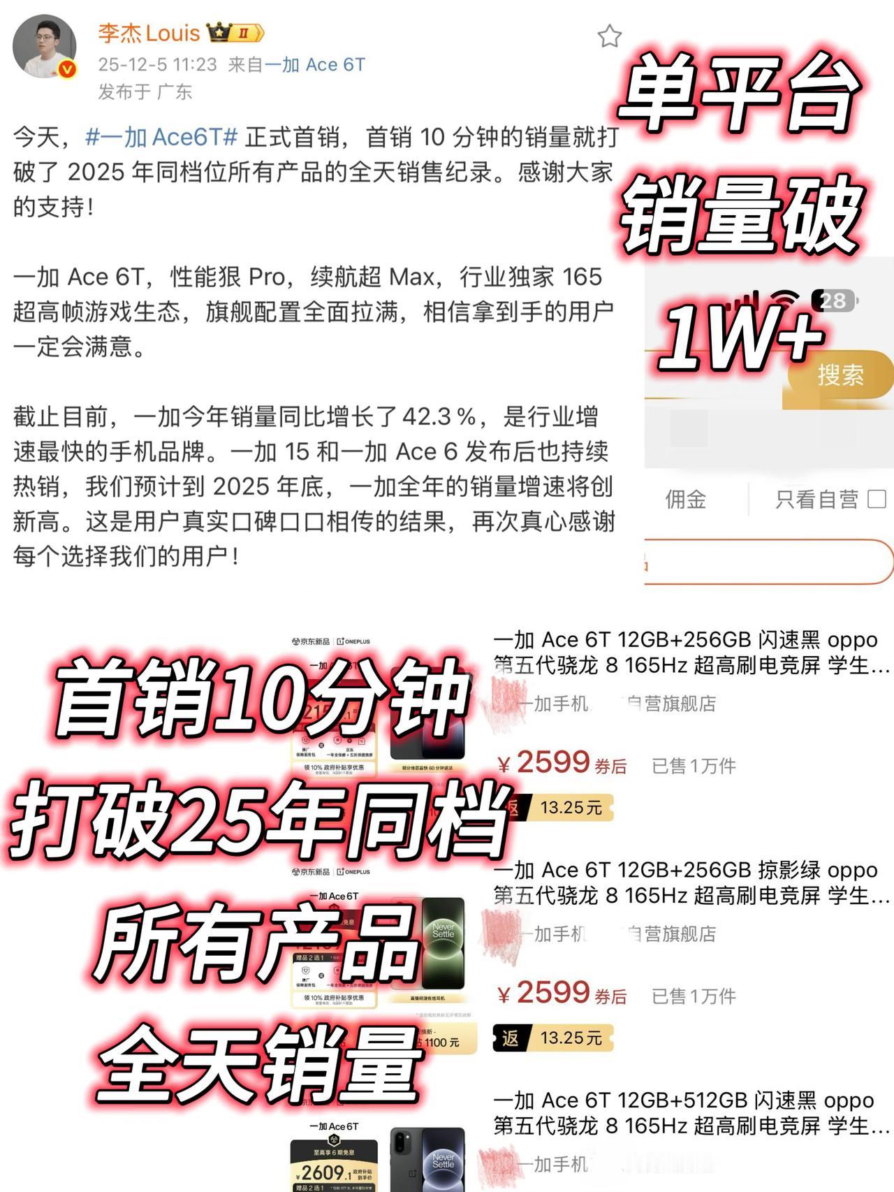 偷偷跟大家说个残暴的事实，一加Ace6T卖爆了

当然我这可不是信口胡诹，一加A