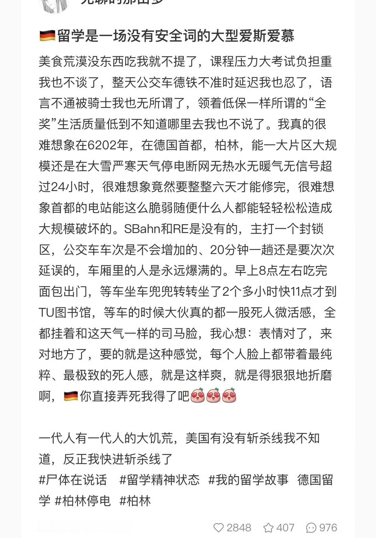留子：这辈子吃过最大的苦就是去德国留学，下雪的大冬天，一个首都可以停电超过24小