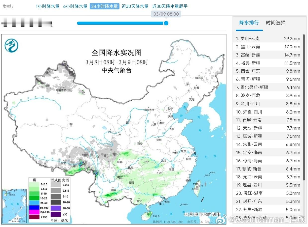 【雨雪】昨天到今晨，新疆北部继续出现明显降雪，富蕴和裕民均出现暴雪，今晨积雪富蕴