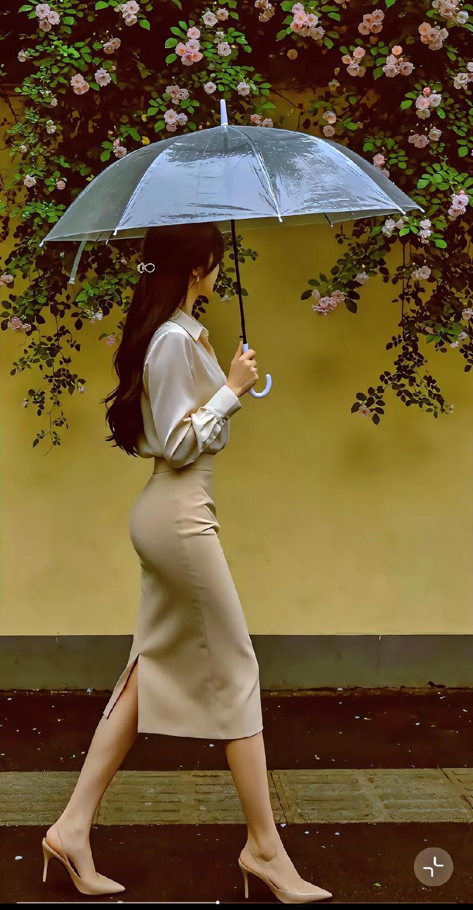 优雅漫步雨中，撑伞漫步在花丛旁。