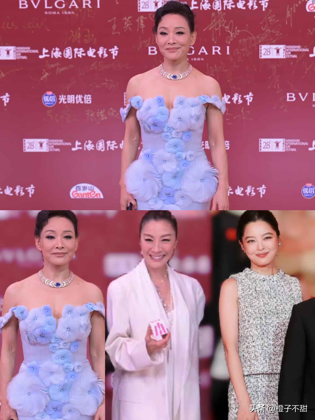 上海电影节红毯，
怪事出来了，
65岁的陈冲穿件天蓝一字肩裙，刚说句“回到自己家