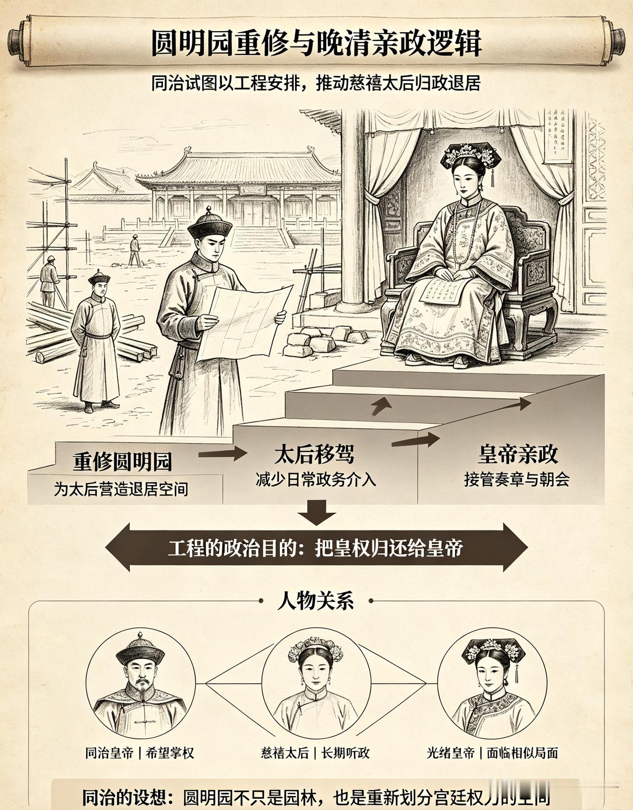 同治皇帝想要重修圆明园，主要还是想获得实权。

同治虽然是皇帝，但是大权都被他的