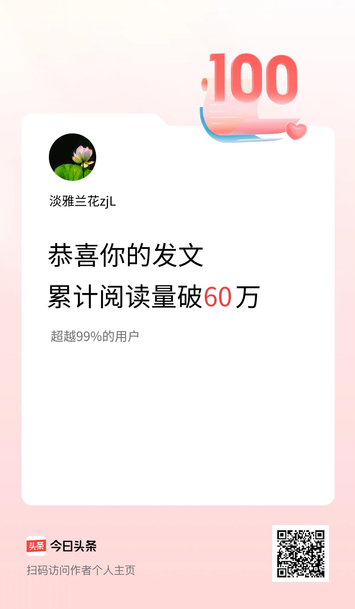🤝我在头条累计获得阅读量破60万啦！
