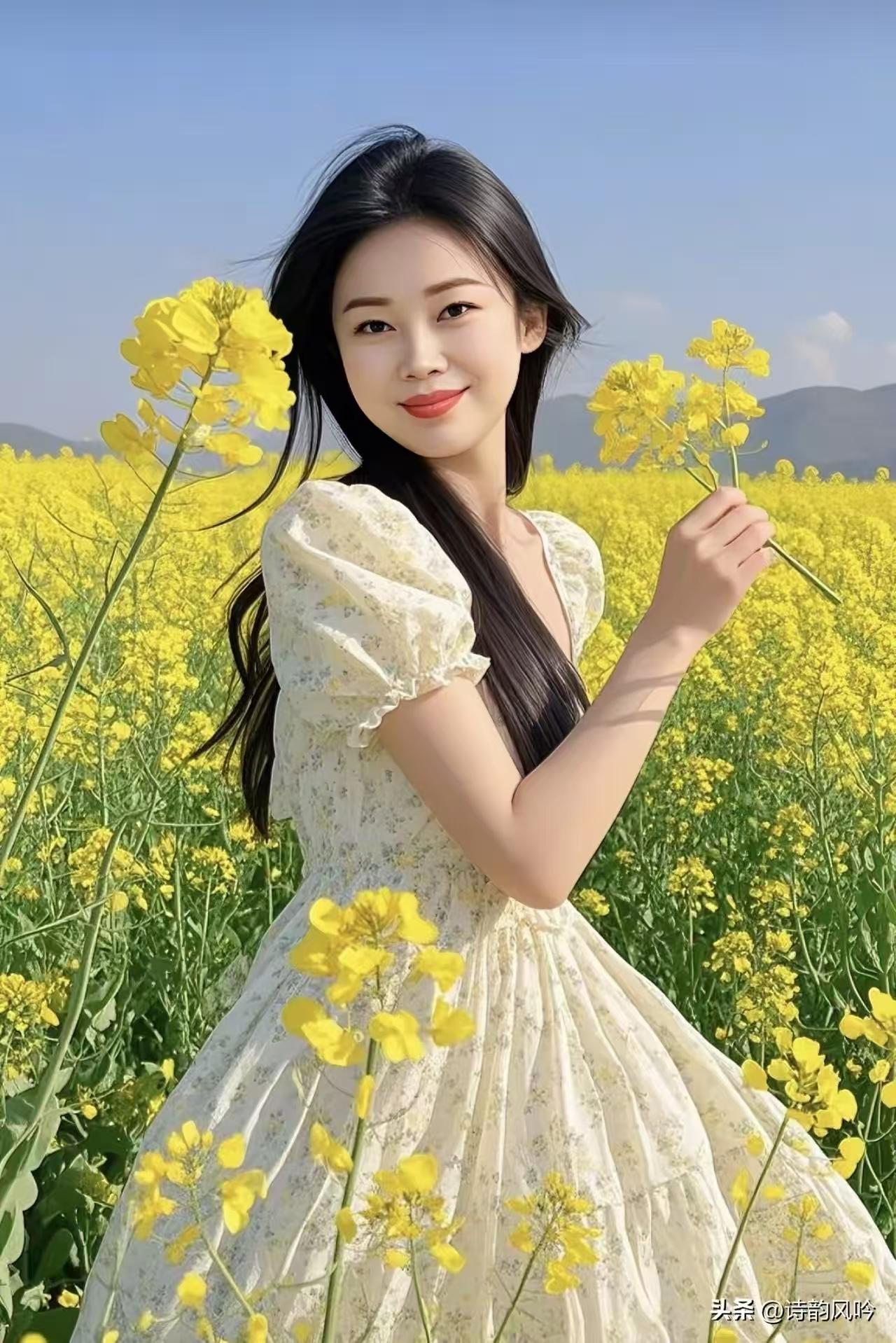 天净沙·春景
十里菜花金黄，
蛮腰微露含香。
曲线玲珑艳样，
风姿绝胜，
人比黄