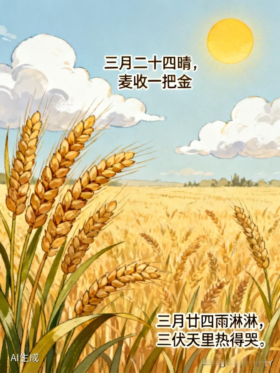 - 三月二十四天气晴，麦收时节似得金
- 不怕三月廿四晴，只怕三月廿四雨
- 三