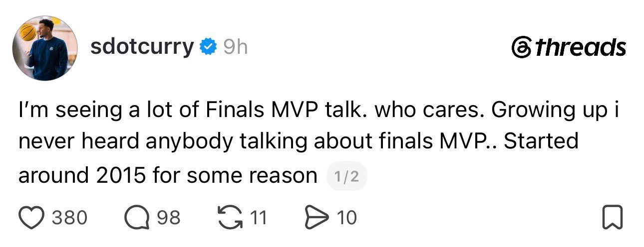 赛斯·库里：我看到很多人都在讨论总决赛MVP，谁在乎呢。我从小到大从来没听人聊过