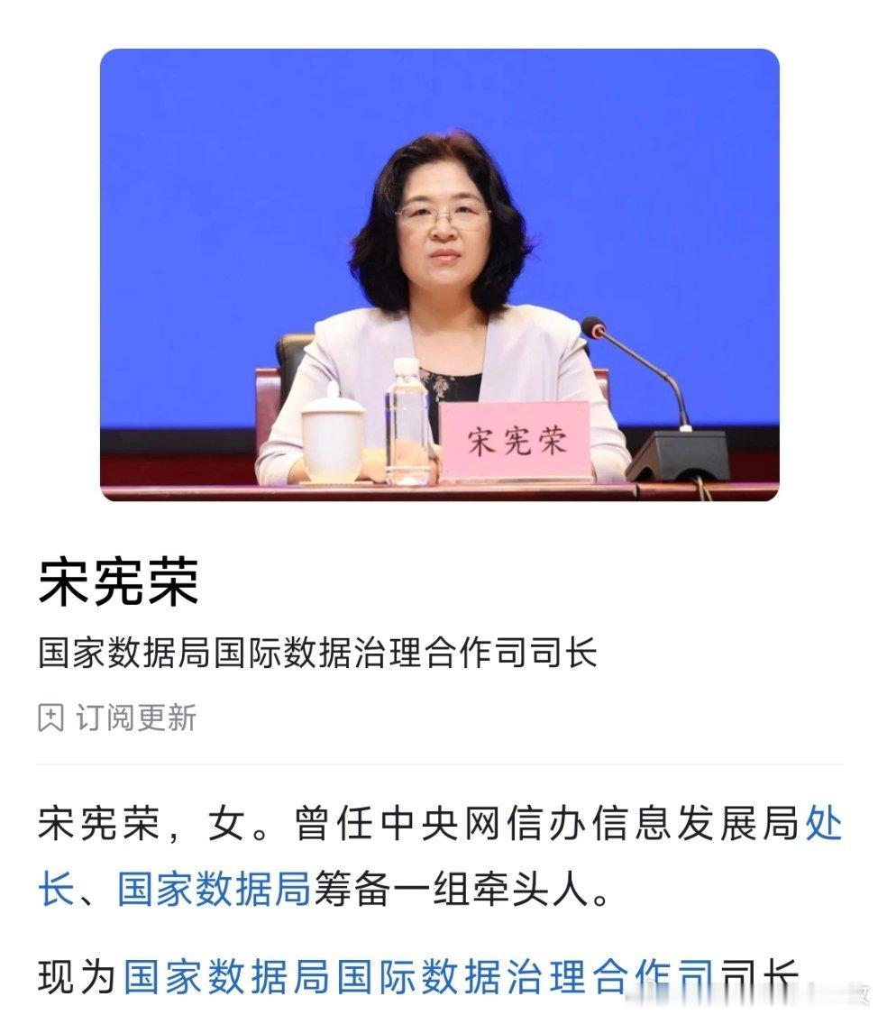 宋宪荣已任国家数据局国际数据治理合作司司长。她曾任中央网信办信息发展局处长、国家