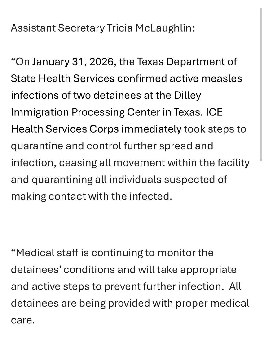 新闻快讯——美国国土安全部证实，得州迪利移民拘留中心两名被拘留者确诊活动性麻疹，
